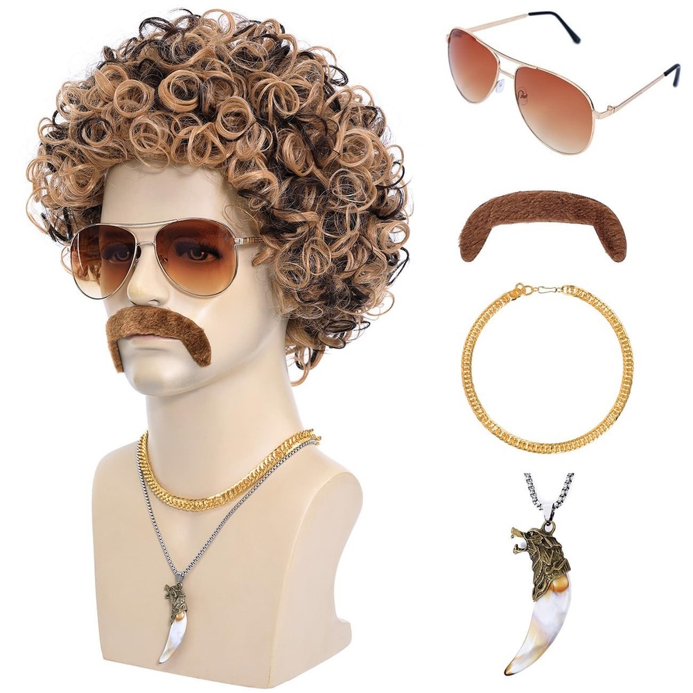 NWT Bettecos 70s 80s Disco Wig Costume Set Curly Afro Mustache Glasses Chains